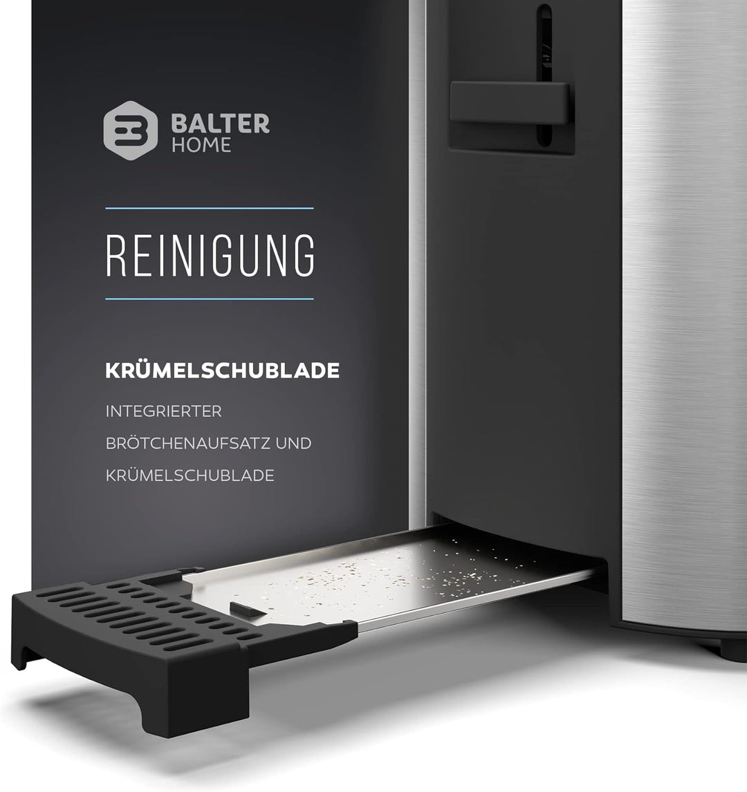 Balter Toaster 4 Scheiben, Langschlitz, Edelstahl, Brötchenaufsatz, LCD Display mit Restzeitanzeige,