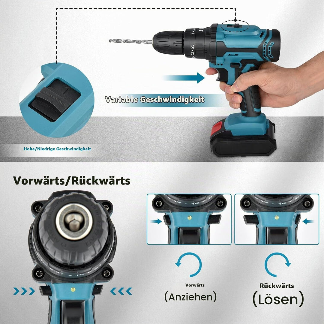 Akku Bohrschrauber Set 21V: Akkubohrer mit 2 Akkus 2000mAh,42Nm Max Drill Set 25+3 Paar, 24 Stück Bo