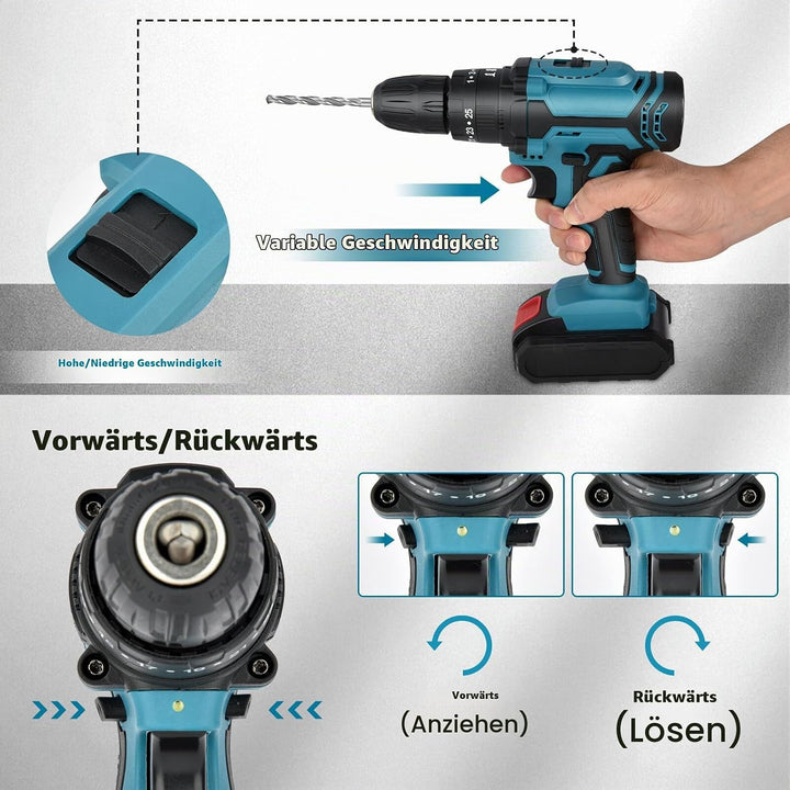 Akku Bohrschrauber Set 21V: Akkubohrer mit 2 Akkus 2000mAh,42Nm Max Drill Set 25+3 Paar, 24 Stück Bo