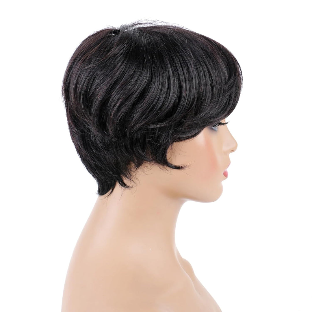 Huarisi Short Layered Pixie Cut Wig with Bangs Human Hair for Black Women Glueless Bob Wigs None Lac