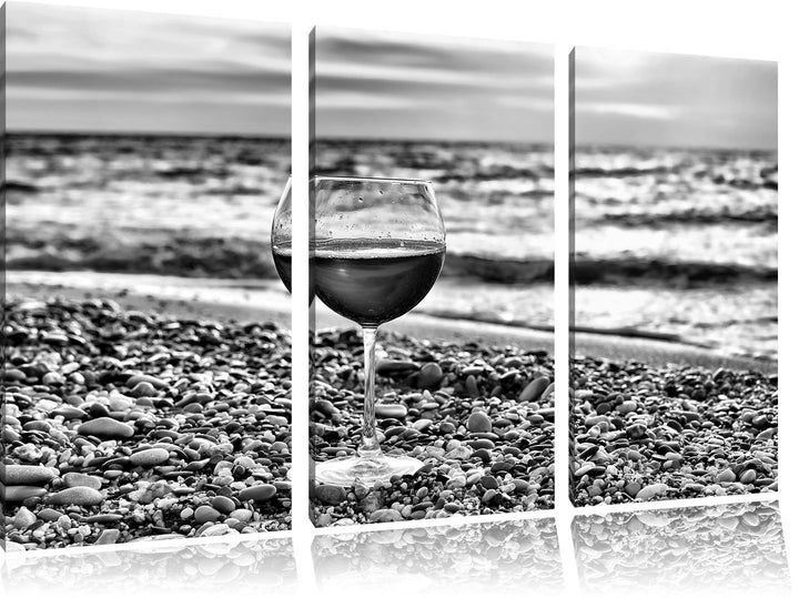 Pixxprint Monocrome, Weinglas am Steinstrand 3-Teiler Leinwandbild 120x80 Bild auf Leinwand