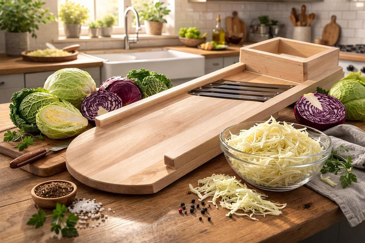 teemando® Krauthobel Gemüsehobel mit beweglichem Schlitten für sicheres Schneiden von Krautköpfen un