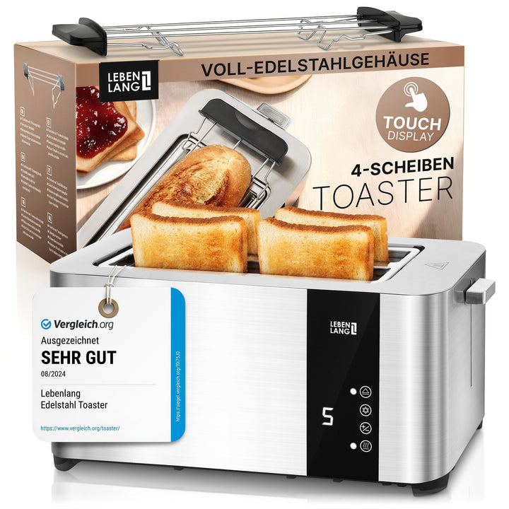 LEBENLANG Langschlitz Toaster 4 Scheiben mit Brötchenaufsatz - Touchscreen LED Display & 7 Stufen I