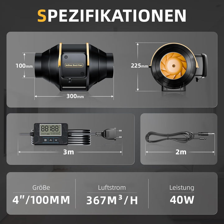 QiCrafe Rohrventilator 100 mm Neue Generation, Leiser Inline-Lüfter mit Timer, Temperatur- und Feuch