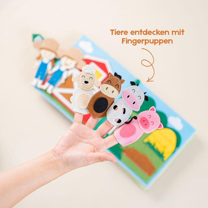 Quiet Book Bauernhof (2 Figuren) – Handgefertigtes Filz-Aktivitätsbuch mit Tier-Fingerpuppen & Trakt