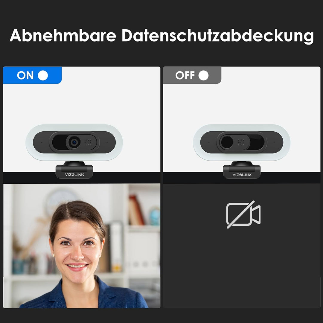 VIZOLINK W4LS Webcam HD 2K/1080P mit Ring-Beleuchtung, Autofokus, Klarer Stereo-Mikrofone, Lichtkorr