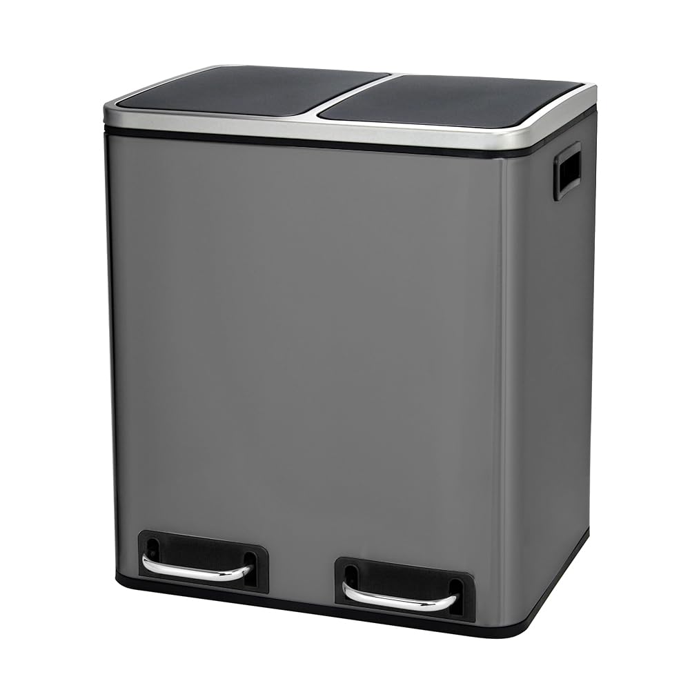 Panana Mülleimer, 2 x 15 L, 2 Fächer, Mülltrennsystem, Treteimer, Abfalleimer Küche, 15 Müllsäcke, a