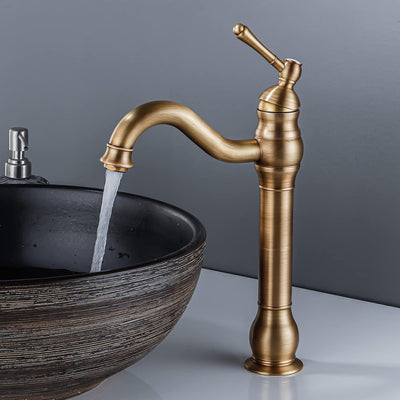 FWZZQ Wasserhahn Bad Antik Messing, Waschtischarmatur Hoch 360°Drehbar, Waschbecken Armatur Retro, E