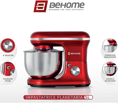 BEHOME Professionelle Knetmaschine, 1200 W, 5 l, 6 einstellbare Geschwindigkeiten, Pulse-Funktion, S