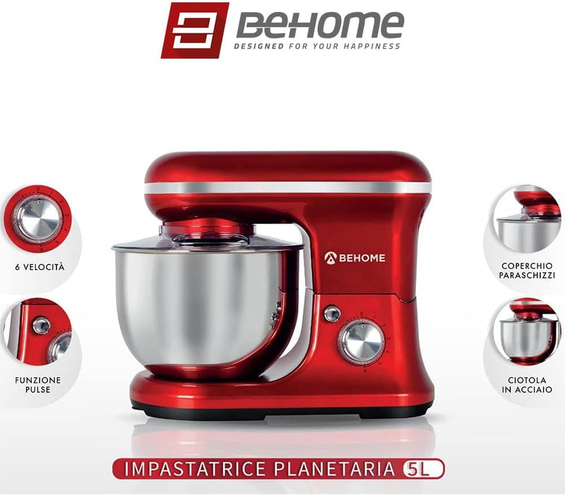 BEHOME Professionelle Knetmaschine, 1200 W, 5 l, 6 einstellbare Geschwindigkeiten, Pulse-Funktion, S