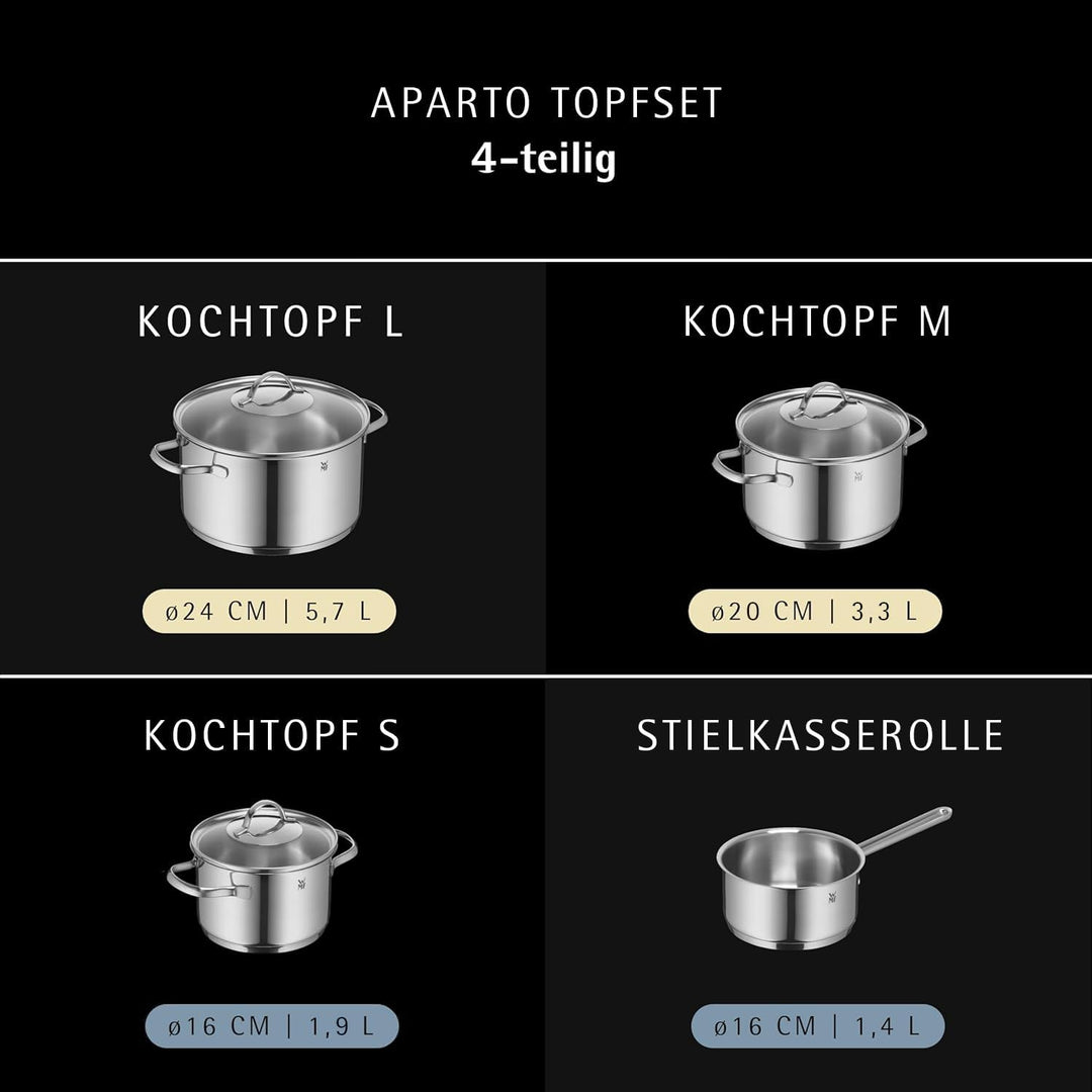 WMF Aparto Topfset Induktion 4-teilig, Kochtopf Set mit Glasdeckel, Cromargan Edelstahl poliert, Ind