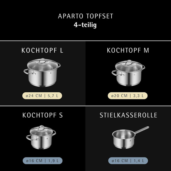 WMF Aparto Topfset Induktion 4-teilig, Kochtopf Set mit Glasdeckel, Cromargan Edelstahl poliert, Ind