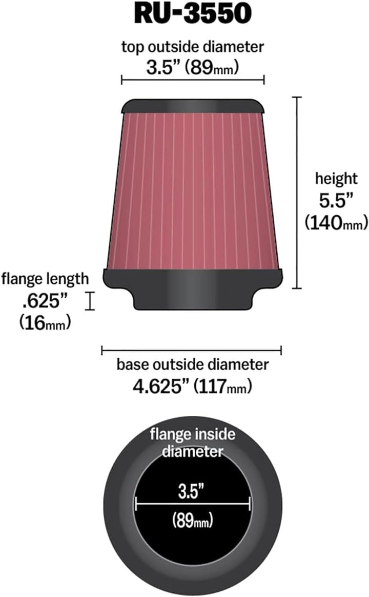 K&N RU 3550 KFZ und Motorrad Luftfilter, konisch, 89 mm Anschluss, 140 mm hoch, Rot