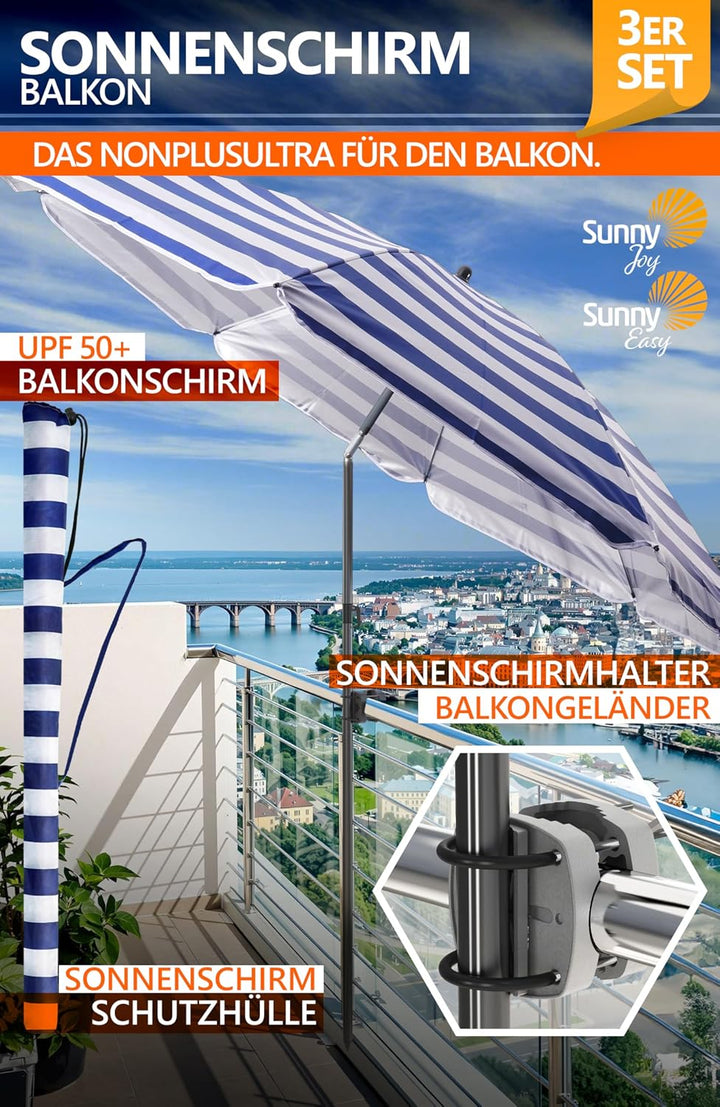 4smile Sonnenschirm Balkon SunnyJoy Ø 180 cm, 3-IN-1 Set - UPF 50+ Balkon Schirm + Sonnenschirmhalte