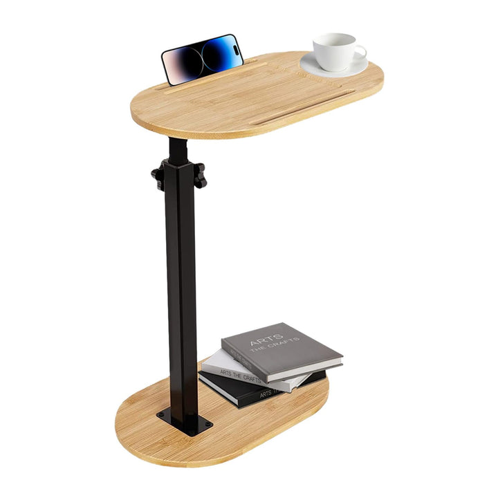 Beistelltisch C Form 360° Rotierbarer und Höhenverstellbar Sofatisch Kleiner Tisch Bambusholz und Me