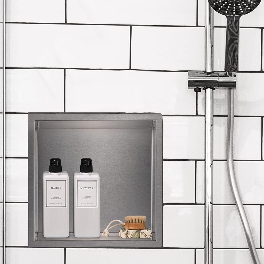 Skelang Regal für Badezimmer, Einbau-Dusche, Badregal aus Edelstahl, 30 x 30 cm. Masse des Wandlochs