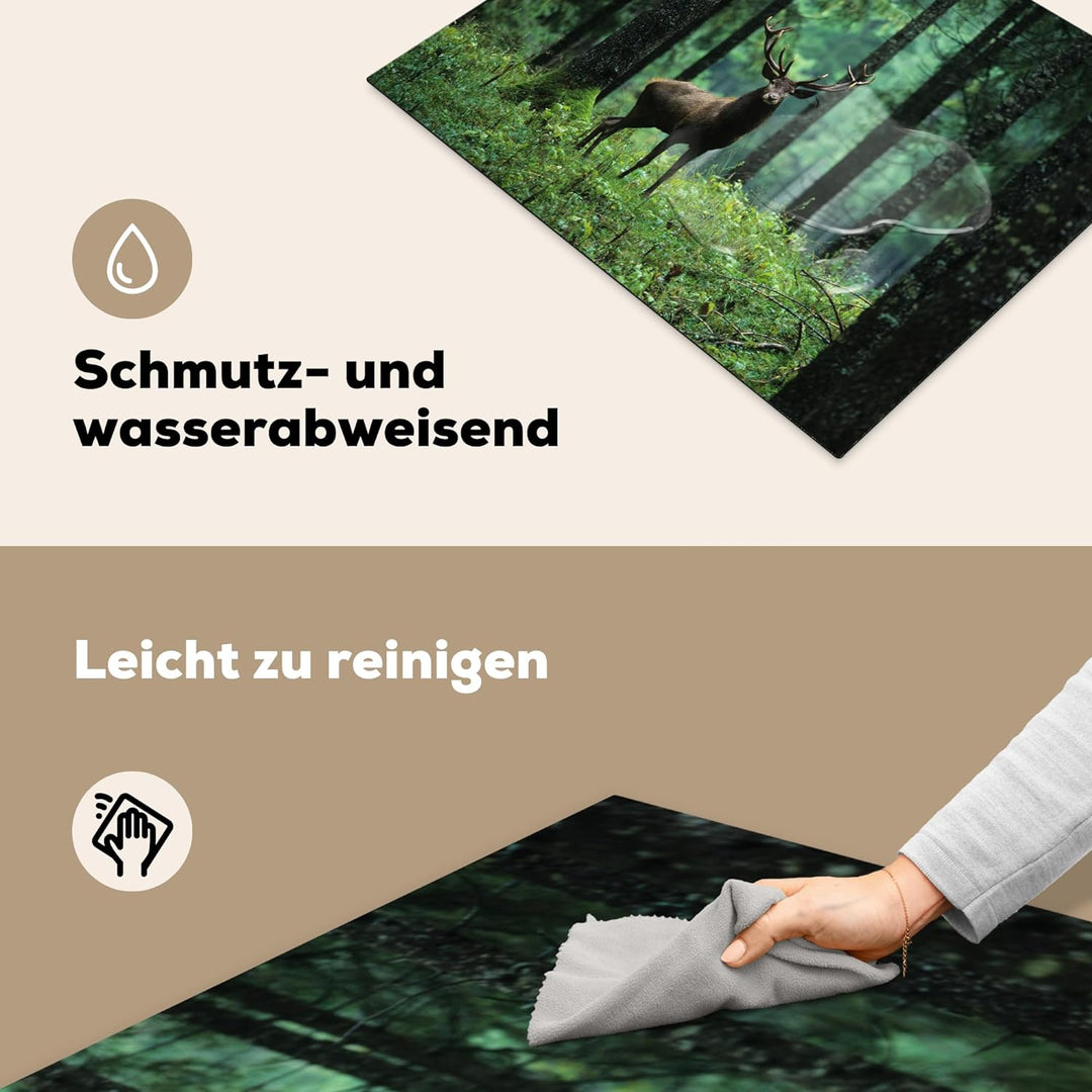 MuchoWow Herdabdeckplatte Ceranfeld Spritzschutz Küche Hirsche - Wald - Bäume - Tiere - Natur 65x52