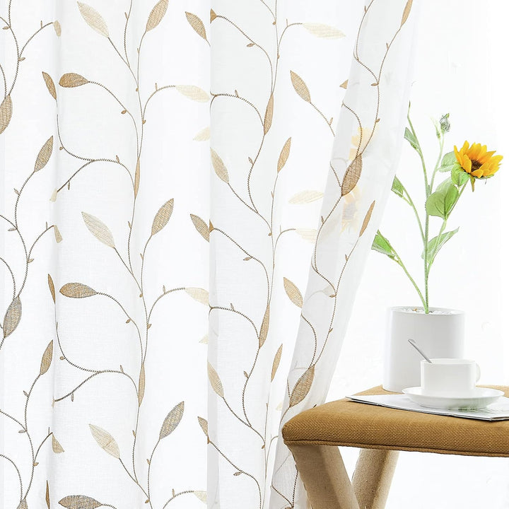 TOPICK Sheer Vorhang Voile Gardinen mit Ösen Blätter Stickerei lichtdurchlässig Ösenschal Gaze Paari