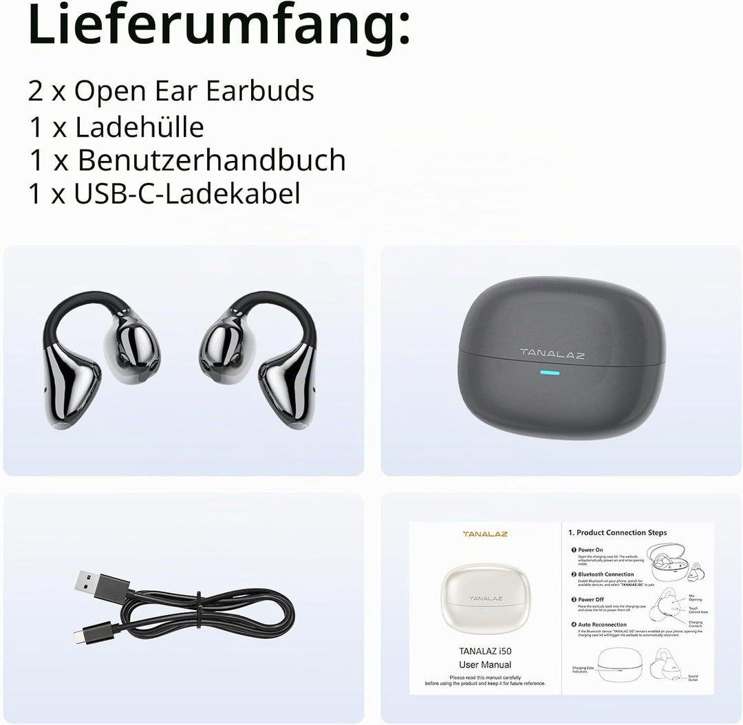 Open-Ear-Kopfhörer I5, Kabellose Bluetooth 6.0 Clip-On-Ohrhörer mit ENC, IPX5 wasserdicht, 36 Std. L