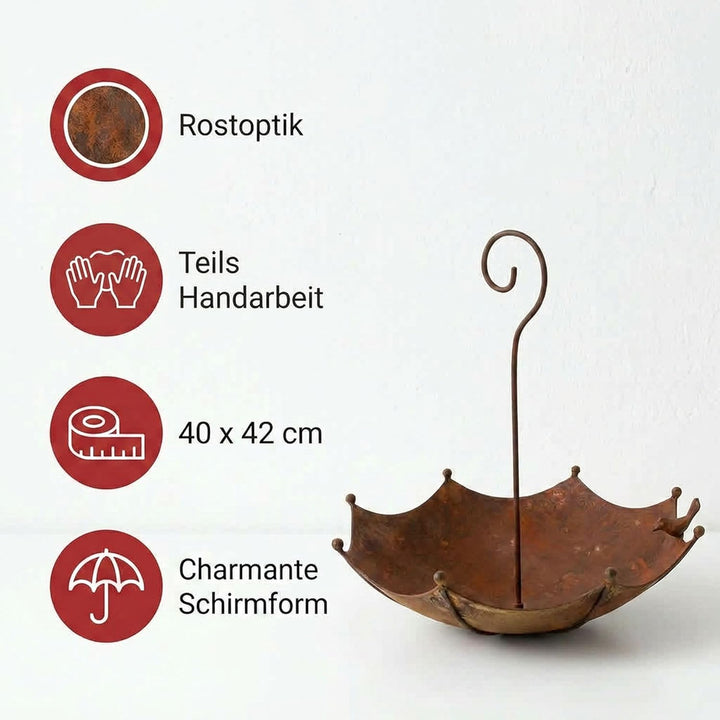 FRANK FLECHTWAREN Vogeltränke Schirm Ø40 x 42 cm Vogelbad Gartendeko Metall Rostoptik handgefertigt