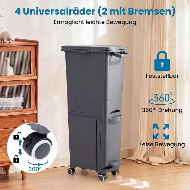 COSTWAY Mülleimer 3 Fächer, 32L Abfalleimer mit neigbarem Behälter, Schublade & Aufkleber, Tretmülle