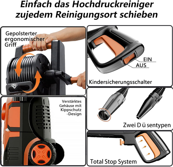 Hochdruckreiniger Touchscreen 8-stufiger 200 bar, 6-in-1-Düse, Einstellbarer Druck: 100-200 bar, För