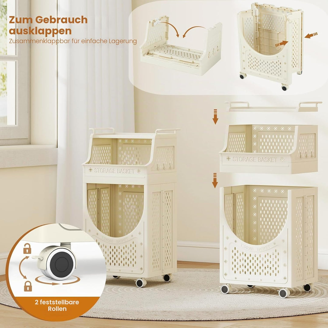 LIFEZEAL Wäschekorb auf Rädern, Faltbarer Wäschesammler mit 6/8 Haken &amp; 3/4 Ebenen, Mobile Wäschebox