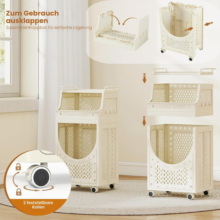 LIFEZEAL Wäschekorb auf Rädern, Faltbarer Wäschesammler mit 6/8 Haken &amp; 3/4 Ebenen, Mobile Wäschebox