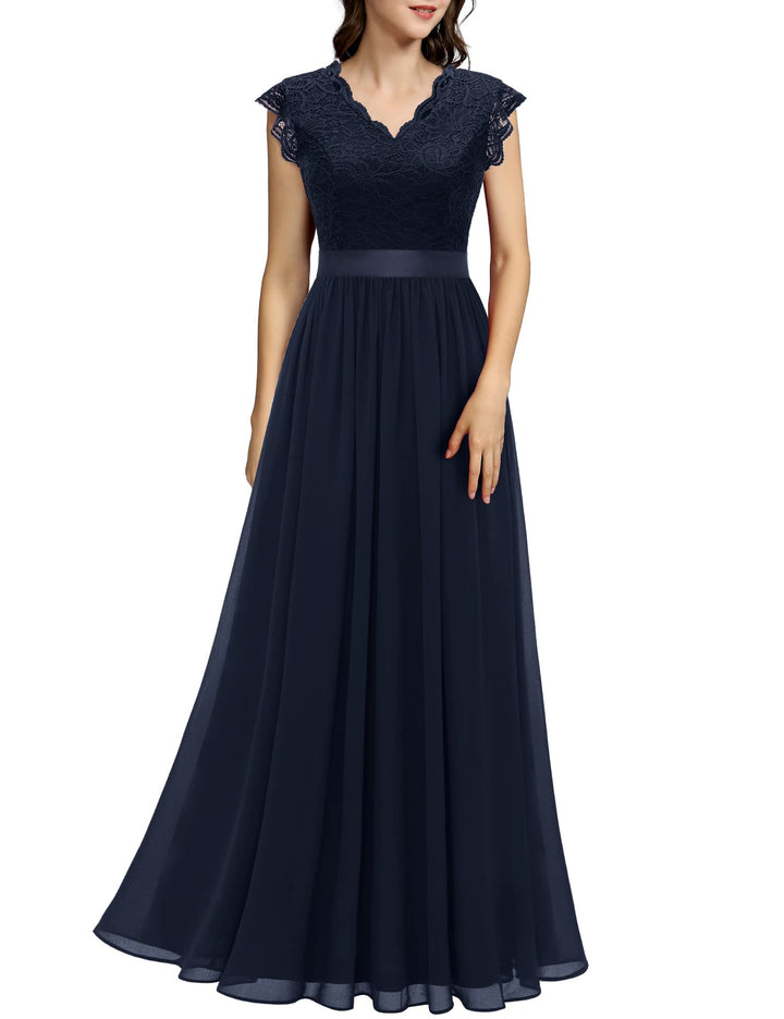 Dressystar Damen Abendkleid Lang Elegant für Hochzeit Spitze Chiffon Maxi Ballkleider Flügelärmel Co