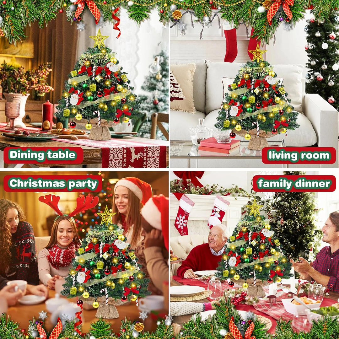 Mini Weihnachtsbaum mit Beleuchtung LED 60cm, Kleiner Tisch Weihnachtsbaum mit Kiefernzapfen Geschmü