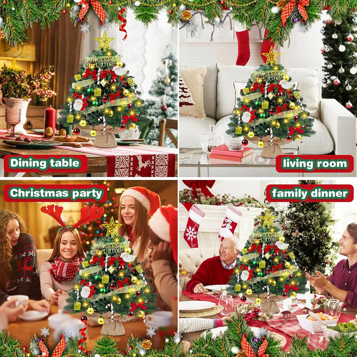 Mini Weihnachtsbaum mit Beleuchtung LED 60cm, Kleiner Tisch Weihnachtsbaum mit Kiefernzapfen Geschmü