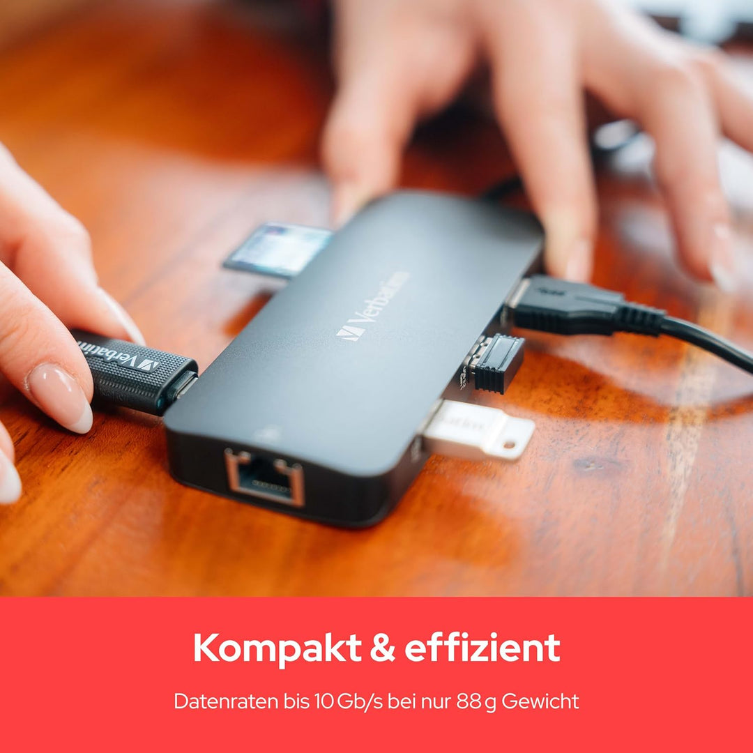 Verbatim USB C Hub 9-in-1, Multiport Adapter USB-C auf HDMI, RJ45, USBA-A und USB-C, mit SD Kartenle