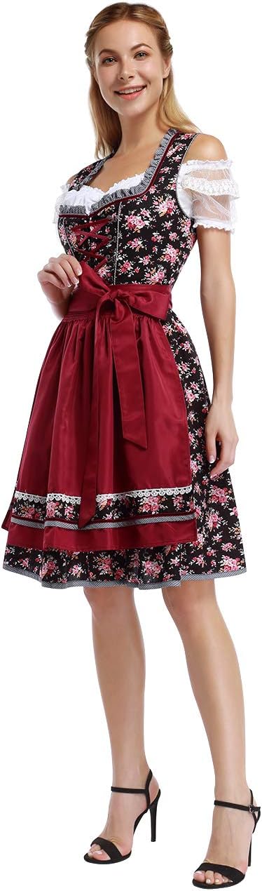 KOJOOIN Trachtenkleid Damen Dirndl Kurz Midi 3tlg. für Oktoberfest-DREI Teilig: Kleid, Bluse, Schürz