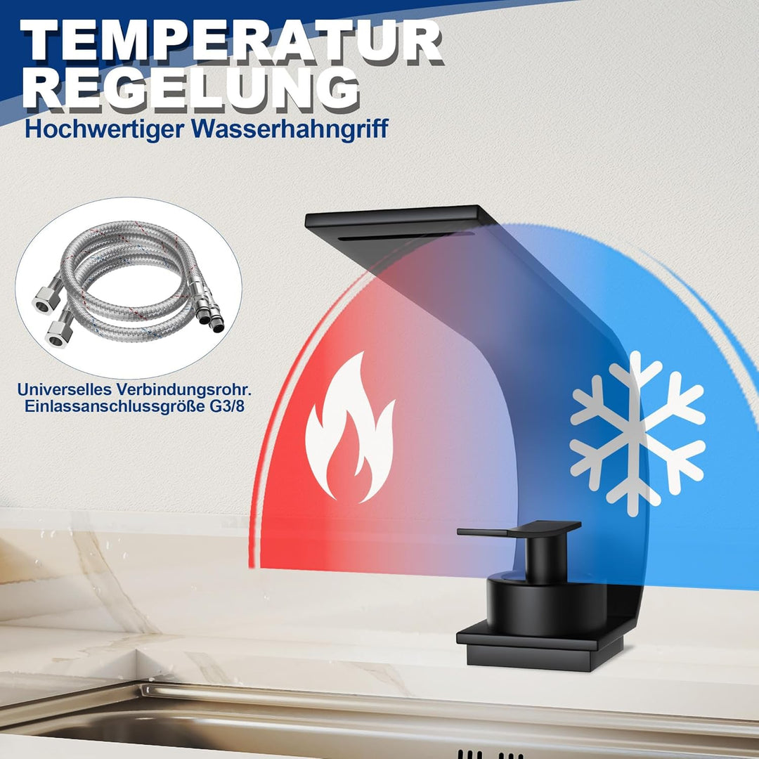 UISEBRT Schwarz Wasserfall Wasserhahn Bad, Modern Messing Waschtischarmatur,Einhandmischer mit Kalt
