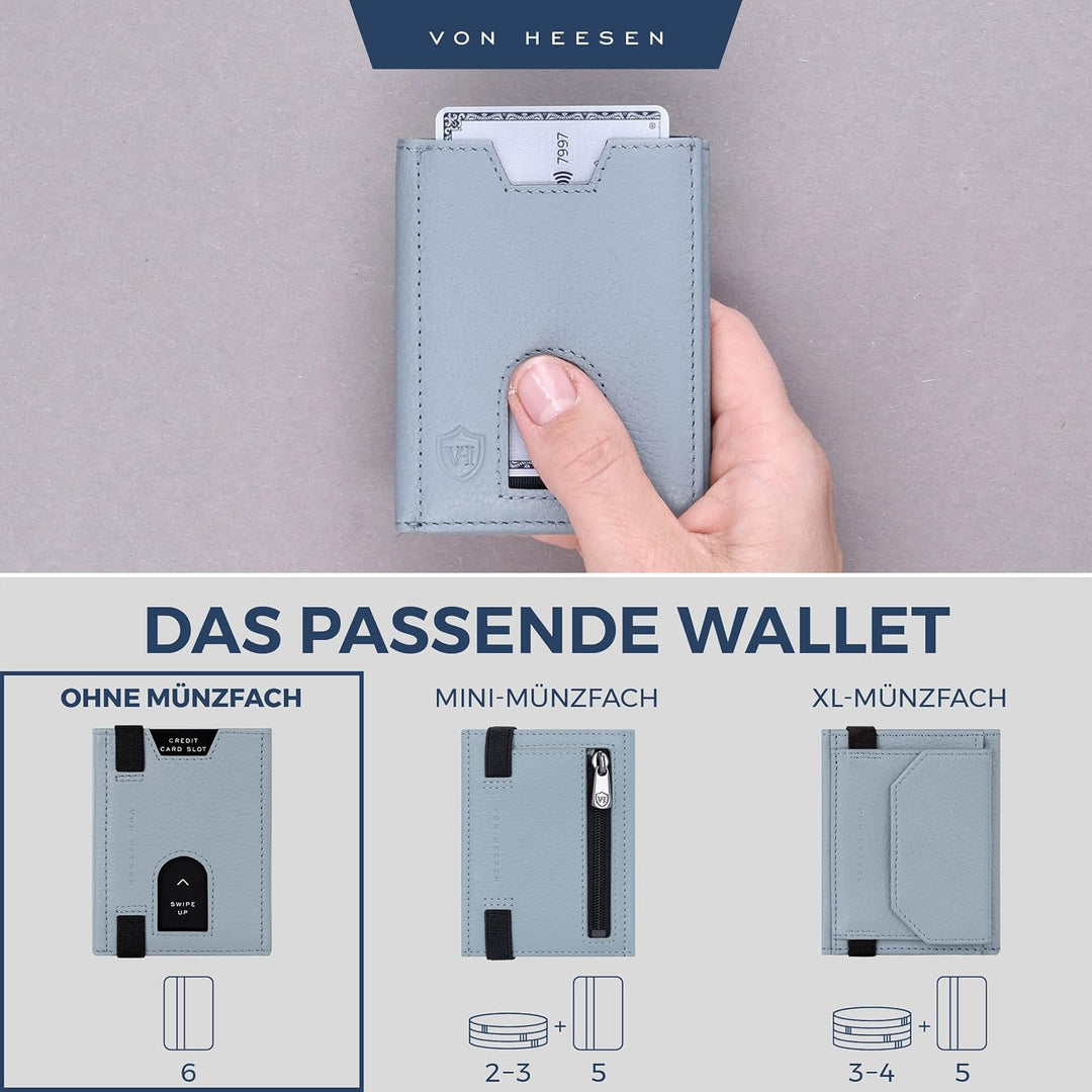VON HEESEN Leder Slim Wallet - Geldbeutel mit RFID Schutz - Mini Geldbörse für Herren und Damen - Ka