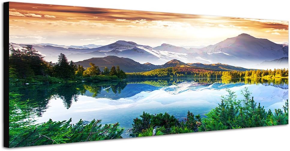 Paul Sinus Art Panoramabild auf Leinwand und Keilrahmen 120x40cm Bergsee Berge Wald Sonne Spiegelung