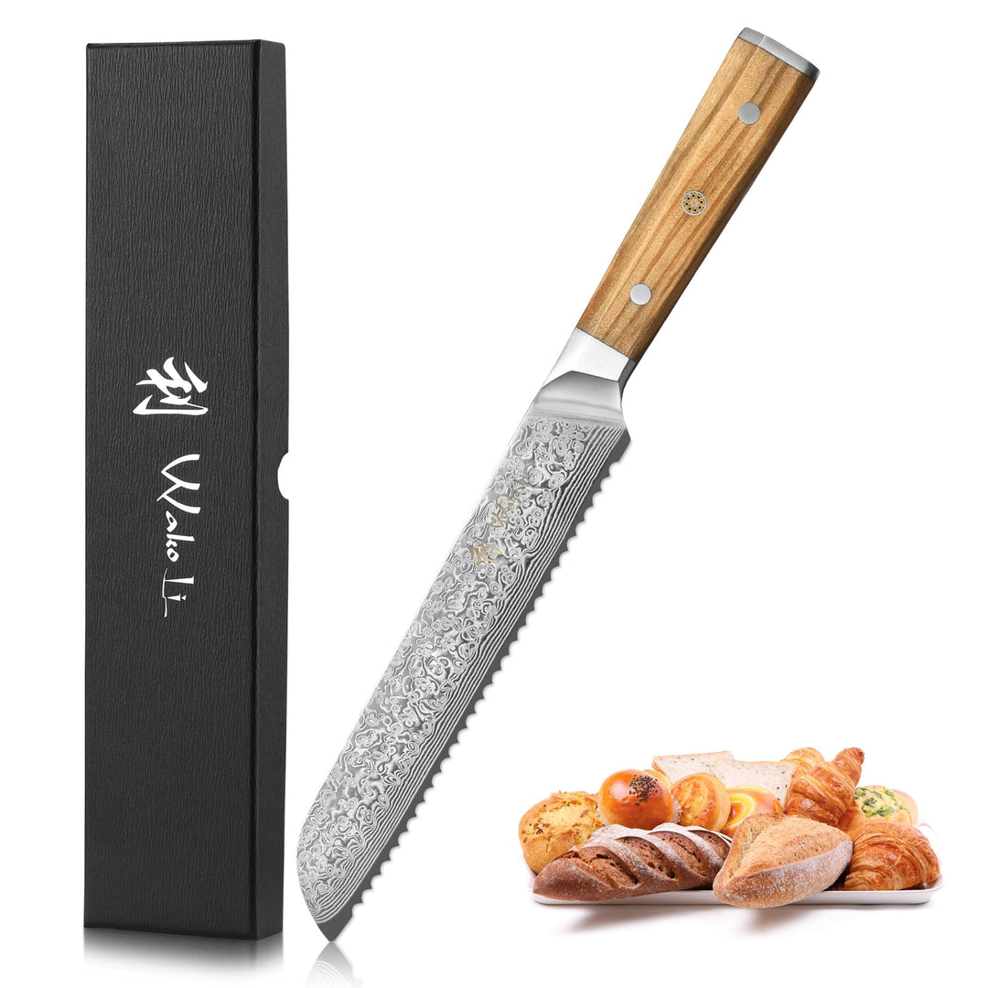 Wakoli Oribu Brotmesser 20 cm extrem scharfe Klinge aus 67 Lagen I Damast Küchenmesser und Profi Koc