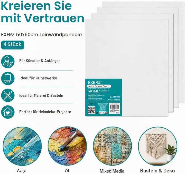 EXERZ 50x60cm Malkarton/Leinwand-Panele 4 Stück 0.3cm dick/Kunstleinwandtafel / 280GSM/ Vorgespannt