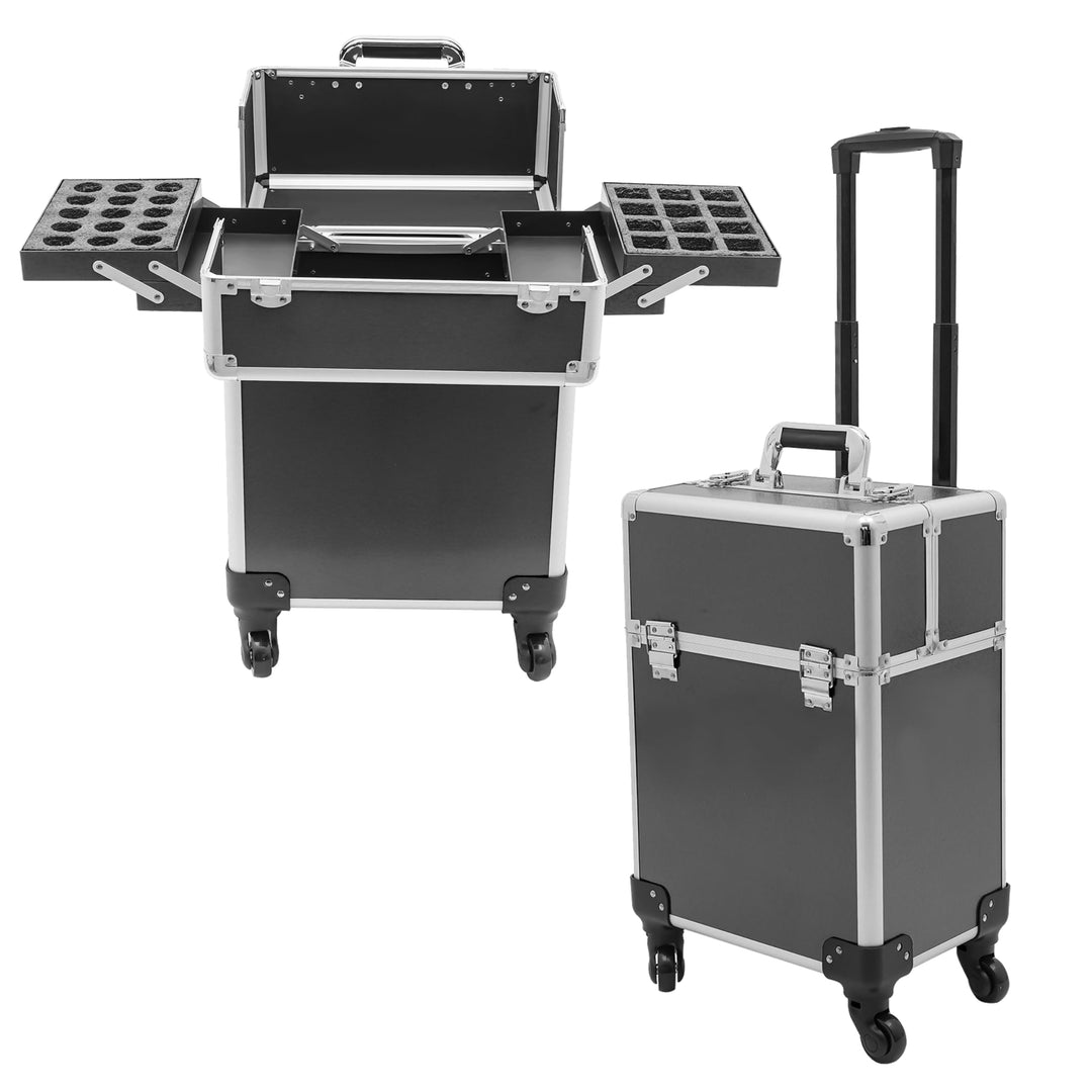 Schwarz Grosser Schminkkoffer, Kosmetikkoffer Trolley 360° Drehbare Kosmetik Trolley Profi-Kosmetik