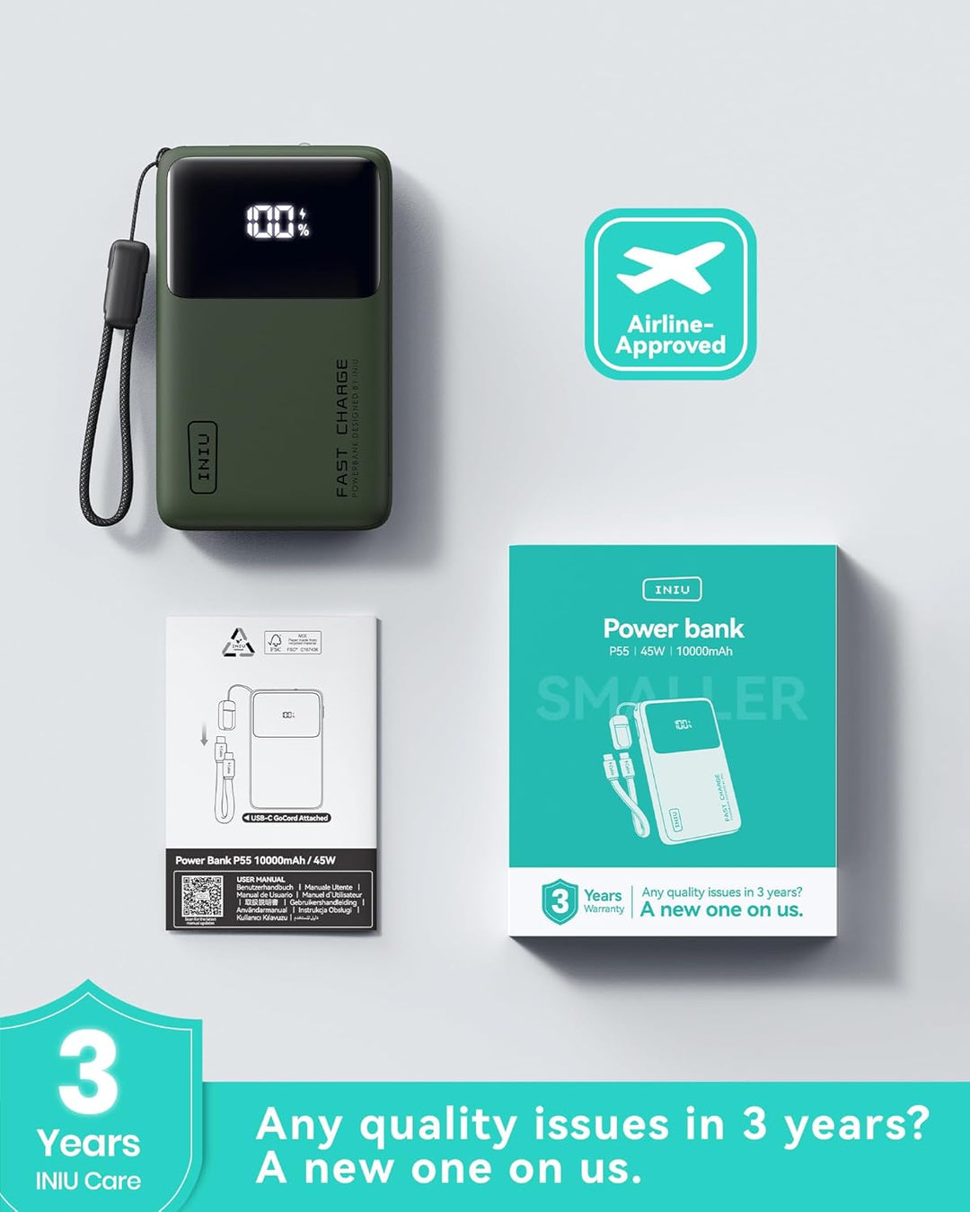 INIU Mini Power Bank, 10000mAh 45W Schnellladefunktion Powerbank mit USB C Kabel, Klein Externe Hand