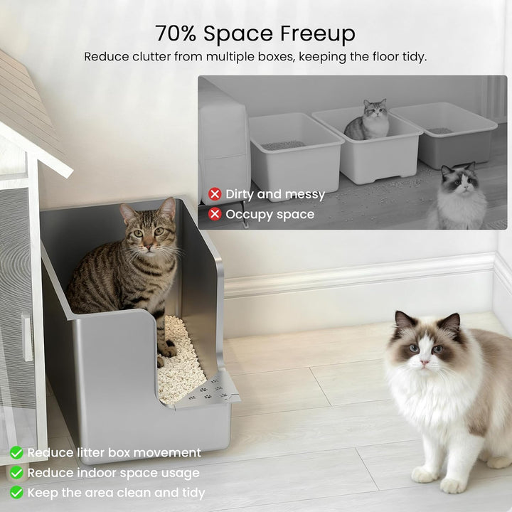 PTLOM Lebensmittelechtes Katzenklo Edelstahl XXL Katzentoilette 30CM hohe Seiten,Ecköffnung, mit Räd