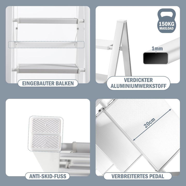 4 Stufen Leiter Aluminium Klappleiter, Klappbar Leichte Stehleiter, Trittleiter 4 Stufen, rutschfest