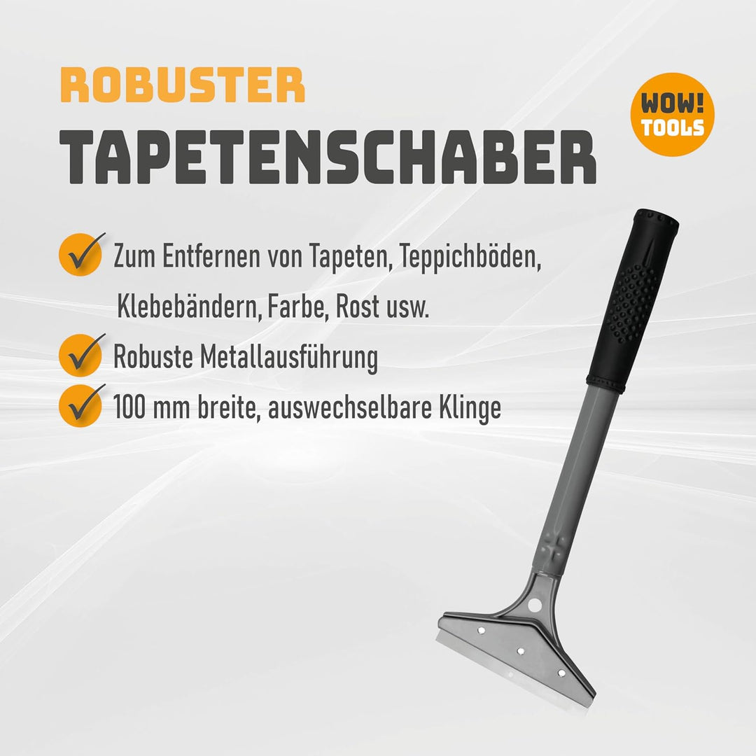 WOW!TOOLS Tapeten-Entferner-Set inkl. robustem Tapetenschaber/Bodenschaber und 5 Ersatzklingen aus g