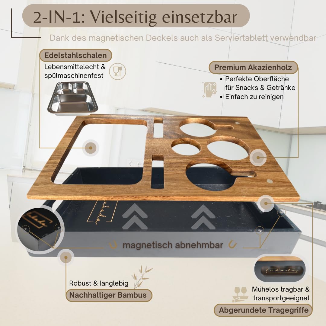 Lukada Premium Couchbar Snackbox | XXL Snackschale & 4 Getränkehalter | Akazien Holz & Bambus Sofata