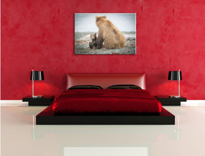 Pixxprint Bär mit Baby nach dem Baden Kunst Buntstift Effekt, Format: 100x70 auf Leinwand, XXL riesi