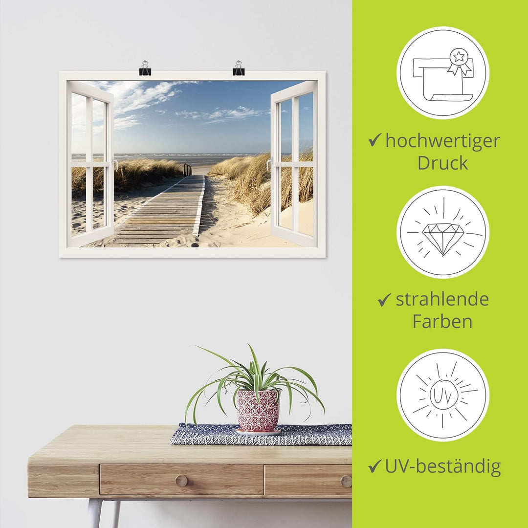 ARTland Poster Kunstdruck Wandposter Bild ohne Rahmen 100x70 cm Fensterblick Fenster Strand Meer Mar