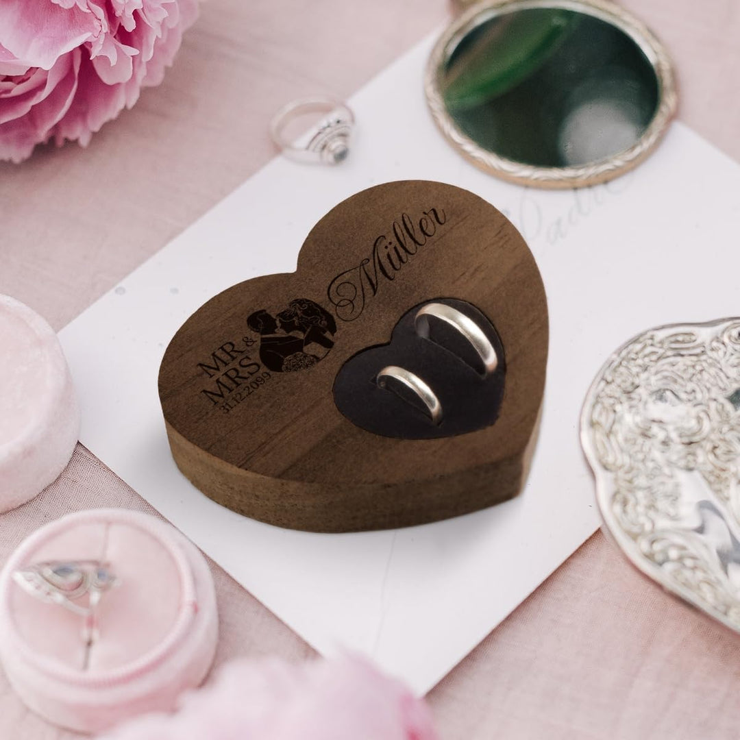 Hochzeit Ringkissen Herz Ringhalter individuell Namen 10 x 8,5 cm Kebony Holz - Mr & Mrs Kebony Holz