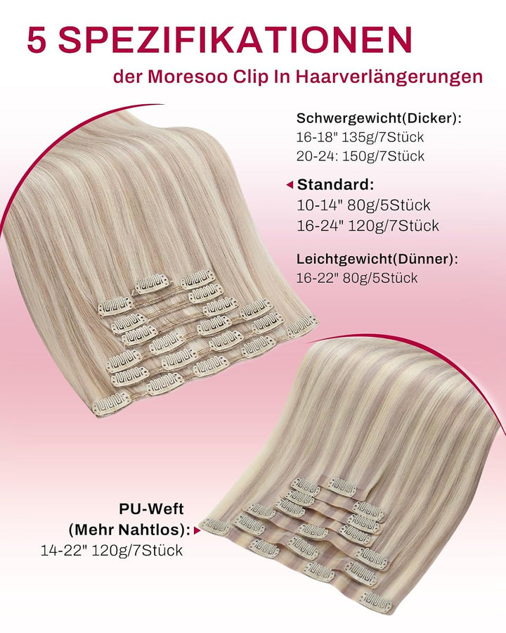Moresoo Clip in Extensions Echthaar Aschblond mit Blond Haarverlängerung Echthaar Clip in Extensions