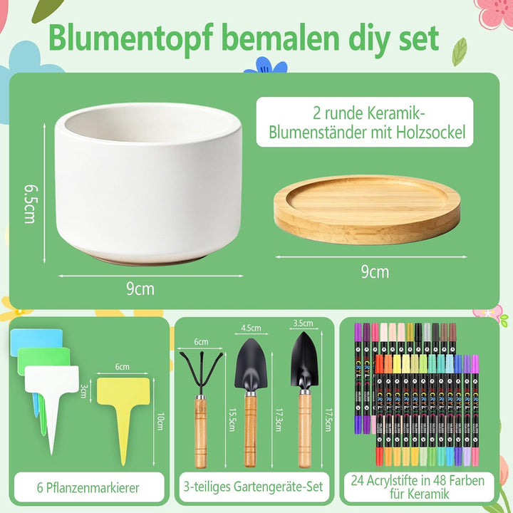 DIY-Keramik Bemalen Set Blumentopf zum Bemalen Kinder Blumentöpfe (Rund) | mit 2 Töpfen Gartenwerkze