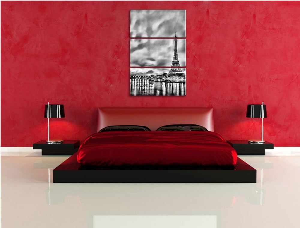 Pixxprint Monocrome, Eifelturm Paris bei Nacht 3-Teiler Leinwandbild 120x80 Bild auf Leinwand